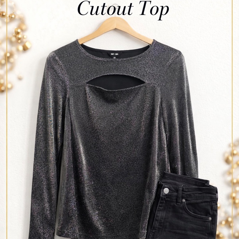 Saint and Sophia Metallic shimmer Cutout Long-Sleeve Top - Black